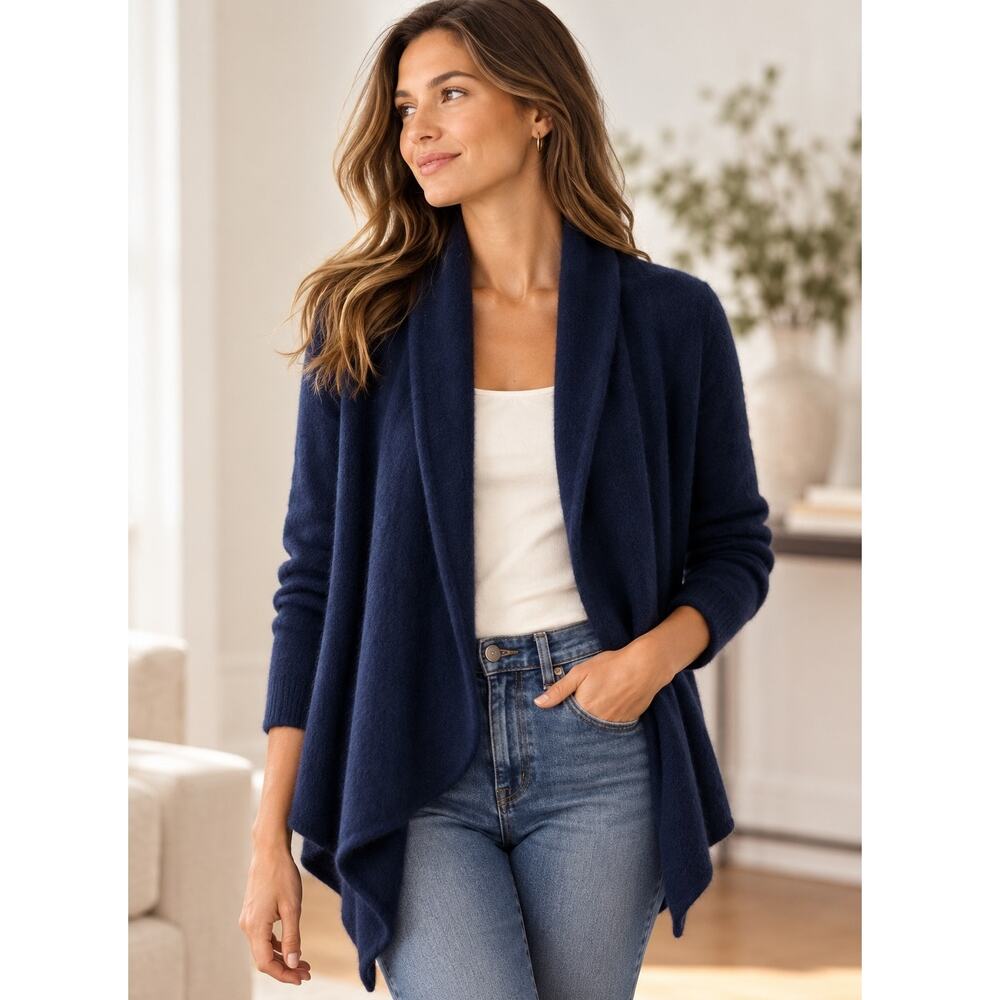 Charter Club Luxury 100% Cashmere Navy Waterfall Cardigan Sweater M